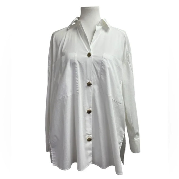 Magaschoni White Long Sleeve Blouse, size large. Gold buttons oversized top - Picture 2 of 15